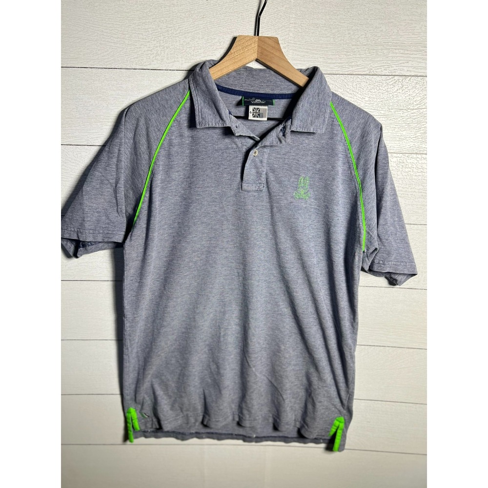 Psycho Bunny Mens Size 6 L Short Sleeve Polo Shirt Gray Lime Green Skull Logo
